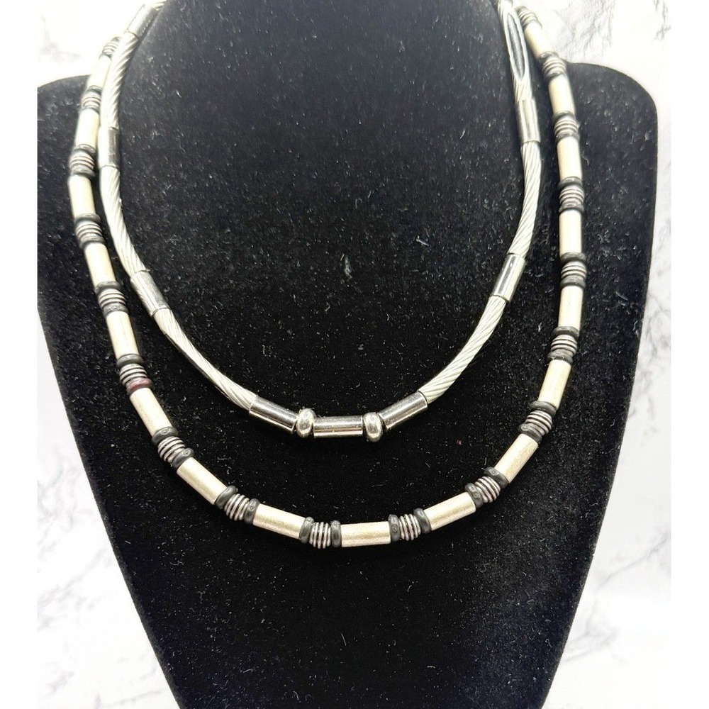 Black Silver Tone Layered Necklaces Set of 2 Cable Tube Modern 16"‎ 18"